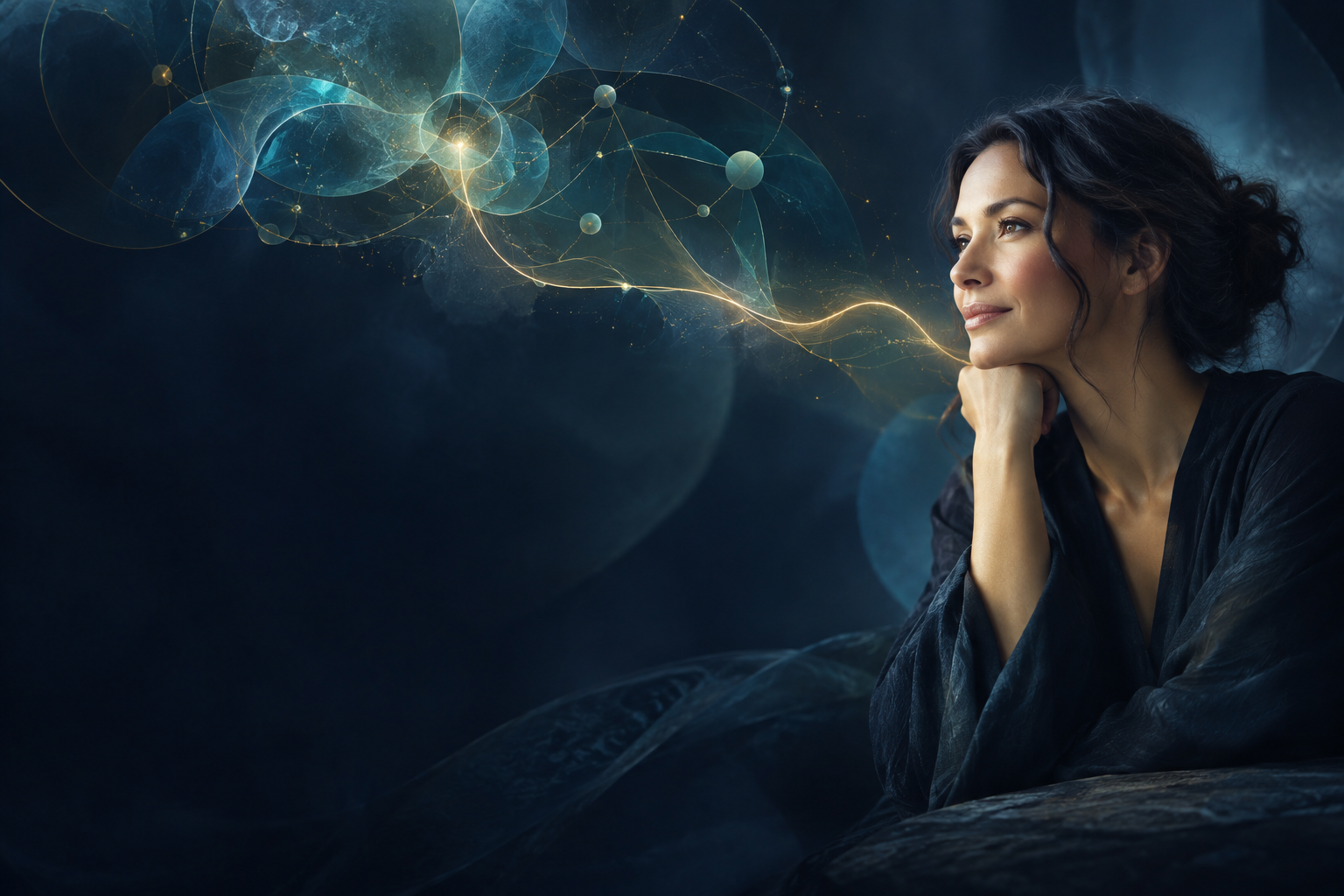 A reflective woman in conversation with an abstract field of luminous ideas